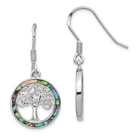 Sterling Silver Rhodium-plated Abalone Circle w/ Tree Dangle Earrings-WBC-QE14293