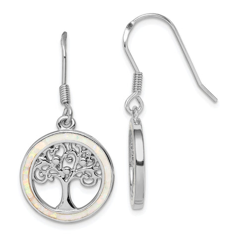 Sterling Silver Rhod-plated Creat Opal Circle w/ Tree Dangle Earrings-WBC-QE14295