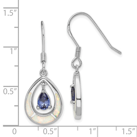 Sterling Silver Rhod-plated Created Opal / Blue CZ Teardrop Earrings-WBC-QE14296