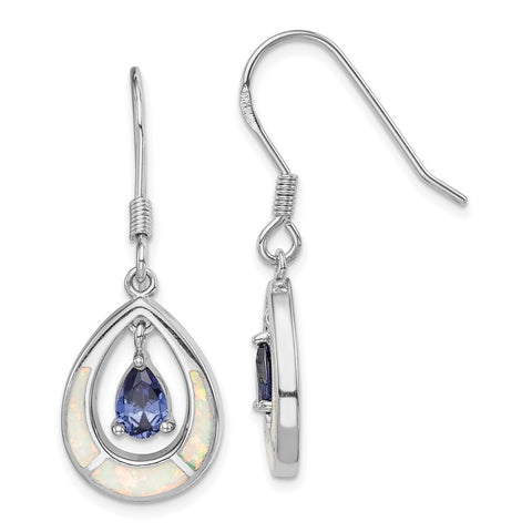 Sterling Silver Rhod-plated Created Opal / Blue CZ Teardrop Earrings-WBC-QE14296