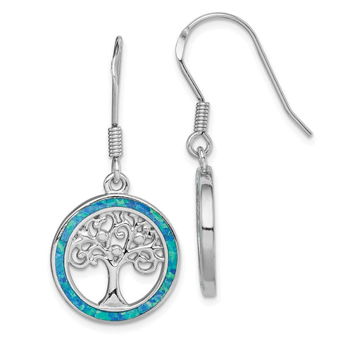 Sterling Silver Rhodium-plated Creat Blue Opal w/ Tree Dangle Earrings-WBC-QE14298