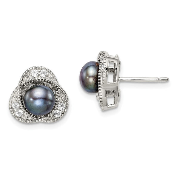 Sterling Silver Black Freshwater Cultured Pearl & White Topaz Post Earrings-WBC-QE14311