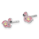 Sterling Silver Rhodium-plated Childs Enameled Flamingo Post Earrings-WBC-QE14350