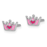 Sterling Silver Rhodium-plated Childs Enameled Pink Crown Post Earrings-WBC-QE14357