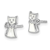 Sterling Silver Rhodium-plated Childs Enameled White Cat Post Earrings-WBC-QE14364