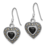 Sterling Silver Onyx Heart Marcasite Earrings-WBC-QE1437