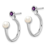Sterling Silver Rhodium-plate FWC Pearl & Amethyst Front & Back Earrings-WBC-QE14376AM