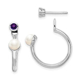 Sterling Silver Rhodium-plate FWC Pearl & Amethyst Front & Back Earrings-WBC-QE14376AM