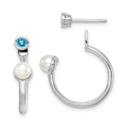 Sterling Silver Rhodium-plate FWC Pearl Light Swiss BT Front & Back Earring-WBC-QE14376BT