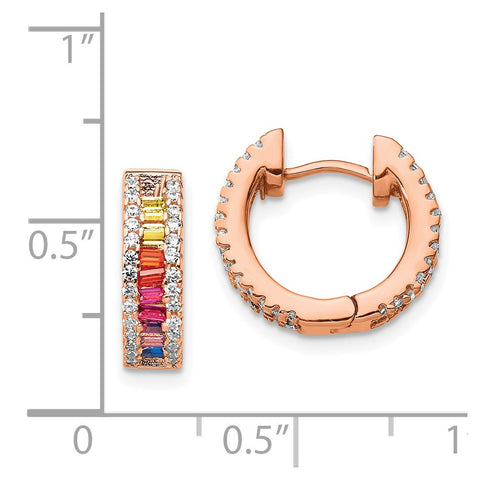 Sterling Silver Rose 14k Flash-plated Colorful CZ Small Hoop Earrings-WBC-QE14451RP