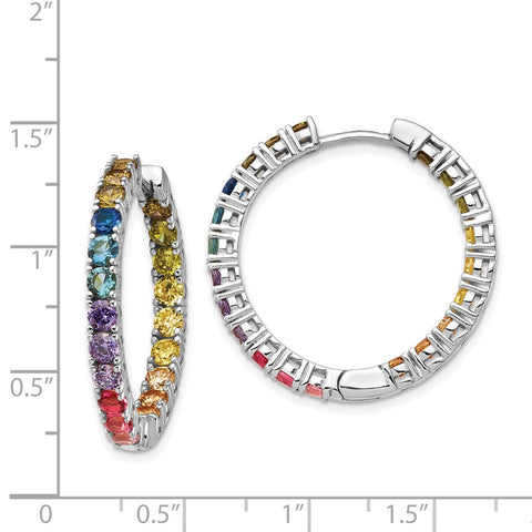 Sterling Silver Rhodium-plated In & Out Colorful CZ Hoop Earrings-WBC-QE14455
