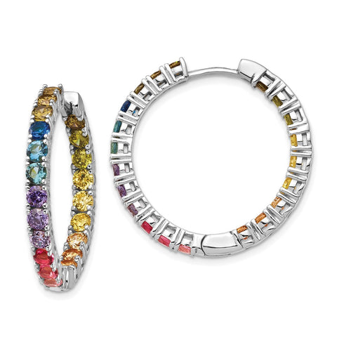 Sterling Silver Rhodium-plated In & Out Colorful CZ Hoop Earrings-WBC-QE14455