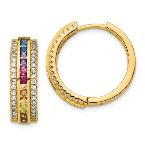 Sterling Silver 14k Flash-plated Channel Set Colorful CZ Hoop Earrings-WBC-QE14457GP