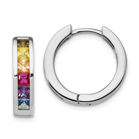 Sterling Silver Rhodium-plated Channel Set Colorful CZ Small Hoop Earrings-WBC-QE14458