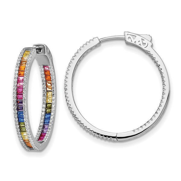 Sterling Silver Rhodium-plated Colorful CZ In & Out Big Hoop Earrings-WBC-QE14464