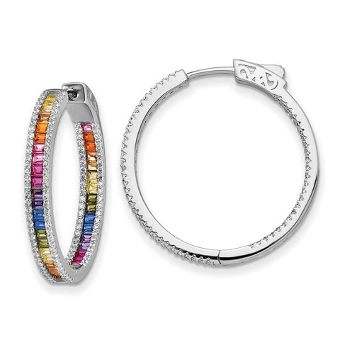 Sterling Silver Rhodium-plated Colorful CZ In & Out Big Hoop Earrings-WBC-QE14464