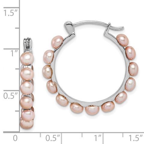 Sterling Silver Rhod-plat 4-5mm Pink FWC Pearl Hoop Earrings-WBC-QE15098
