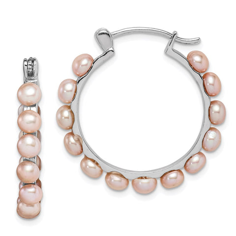 Sterling Silver Rhod-plat 4-5mm Pink FWC Pearl Hoop Earrings-WBC-QE15098