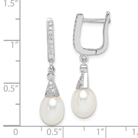 Sterling Silver Rhod-plat 7-8mm White Rice FWC Pearl CZ Earrings-WBC-QE15200