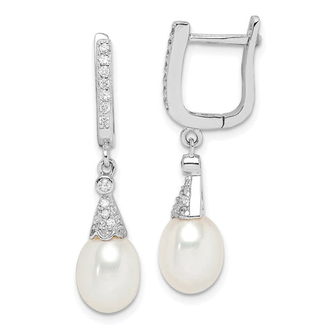 Sterling Silver Rhod-plat 7-8mm White Rice FWC Pearl CZ Earrings-WBC-QE15200