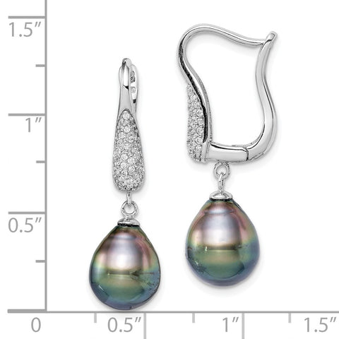 Sterling Silver Rhod-plat 9-10mm Tahitian Drop Pearl CZ Earrings-WBC-QE15214