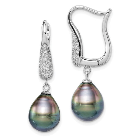 Sterling Silver Rhod-plat 9-10mm Tahitian Drop Pearl CZ Earrings-WBC-QE15214