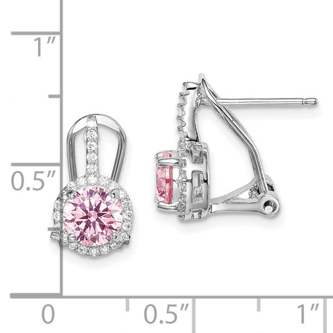 Sterling Silver Rhodium-plated Pink/White CZ Omega Back Earrings-WBC-QE15229