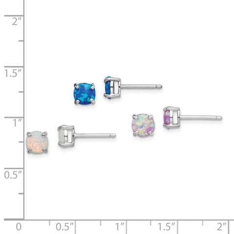Sterling Silver Rhodium-plated Created Opal Set of 3 Stud Earrings-WBC-QE15240