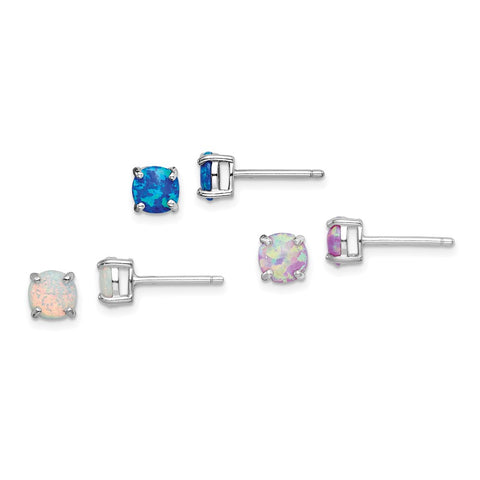Sterling Silver Rhodium-plated Created Opal Set of 3 Stud Earrings-WBC-QE15240