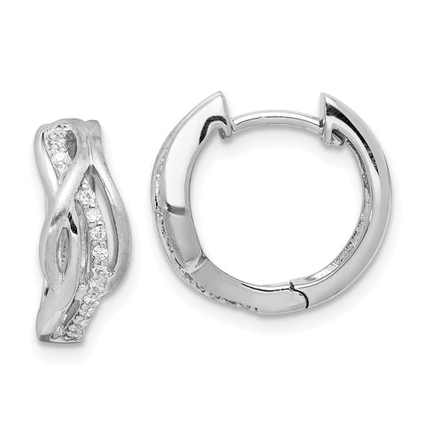 Sterling Silver Rhodium-plated Satin CZ Swirl Hinged Hoop Earrings-WBC-QE15250