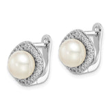 Sterling Silver Rhod-plat 7-8mm White Button FWC Pearl CZ Earrings-WBC-QE15261