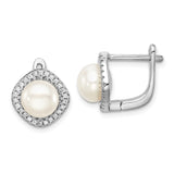 Sterling Silver Rhod-plat 7-8mm White Button FWC Pearl CZ Earrings-WBC-QE15261