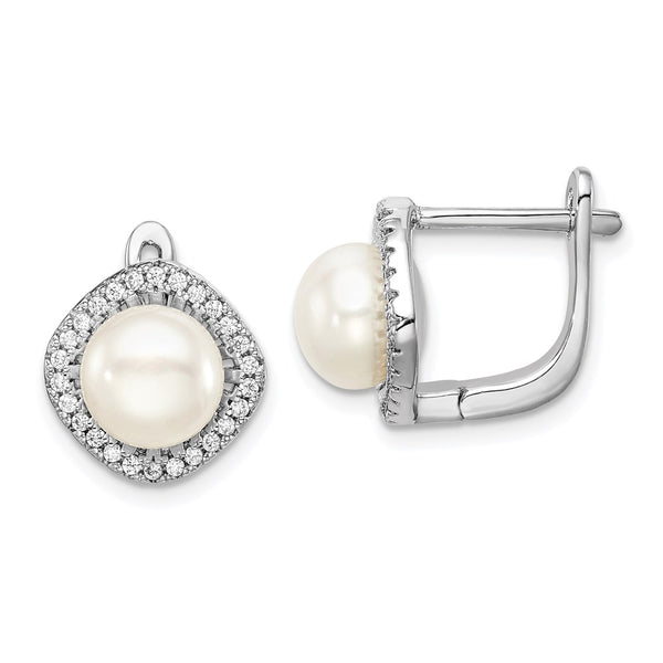 Sterling Silver Rhod-plat 7-8mm White Button FWC Pearl CZ Earrings-WBC-QE15261