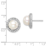 Sterling Silver Rhod-plat 8-9mm White Button FWC Pearl CZ Earrings-WBC-QE15263