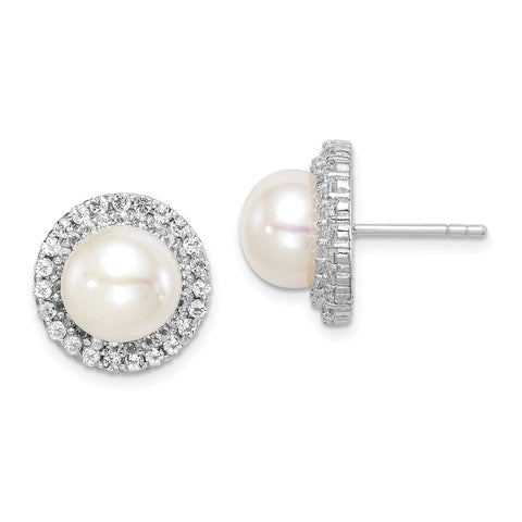 Sterling Silver Rhod-plat 8-9mm White Button FWC Pearl CZ Earrings-WBC-QE15263