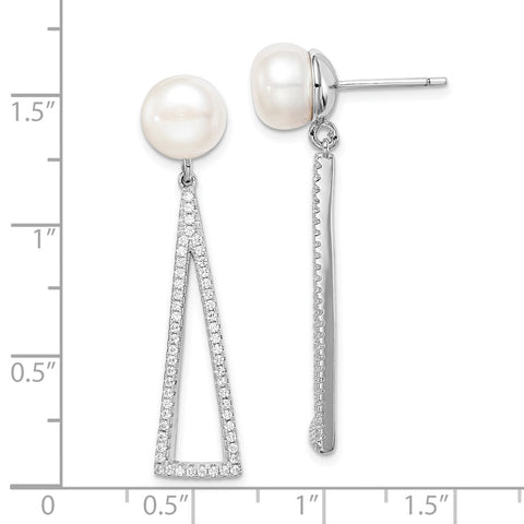 Sterling Silver Rhod-plat 8-9mm White Button FWC Pearl CZ Earrings-WBC-QE15265