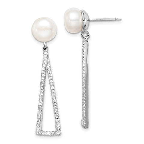 Sterling Silver Rhod-plat 8-9mm White Button FWC Pearl CZ Earrings-WBC-QE15265