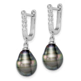 Sterling Silver Rhod-plat 9-10mm Tahitian Drop Pearl CZ Dangle Earrings-WBC-QE15380