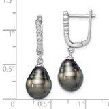 Sterling Silver Rhod-plat 9-10mm Tahitian Drop Pearl CZ Dangle Earrings-WBC-QE15380