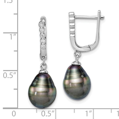 Sterling Silver Rhod-plat 9-10mm Tahitian Drop Pearl CZ Dangle Earrings-WBC-QE15380