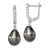 Sterling Silver Rhod-plat 9-10mm Tahitian Drop Pearl CZ Dangle Earrings-WBC-QE15380