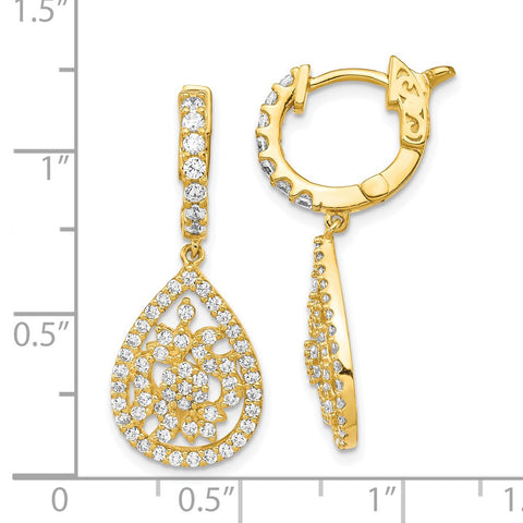 Sterling Silver Gold-tone CZ Teardrop Hinged Hoop Earrings-WBC-QE15458