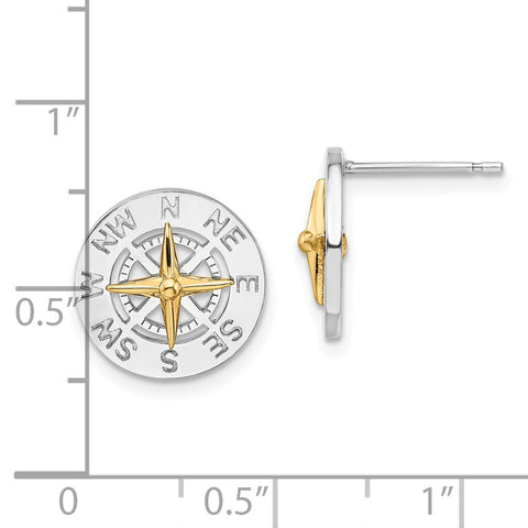 Sterling Silver Polished Mini Compass w/14k Needle Post Earrings-WBC-QE15541G