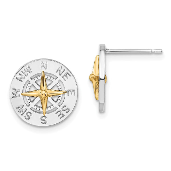 Sterling Silver Polished Mini Compass w/14k Needle Post Earrings-WBC-QE15541G