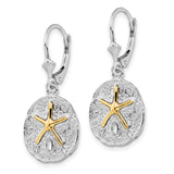 Sterling Silver Polish Sand Dollar w/14k Starfish Leverback Earrings-WBC-QE15545G