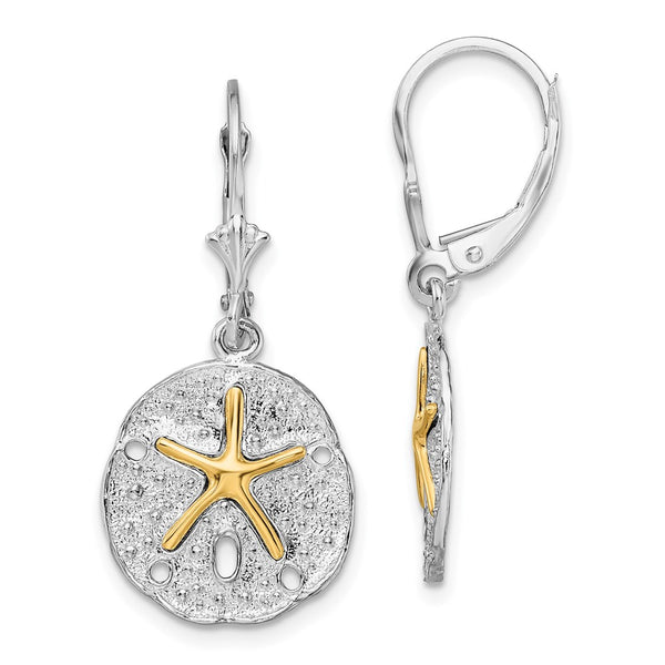 Sterling Silver Polish Sand Dollar w/14k Starfish Leverback Earrings-WBC-QE15545G