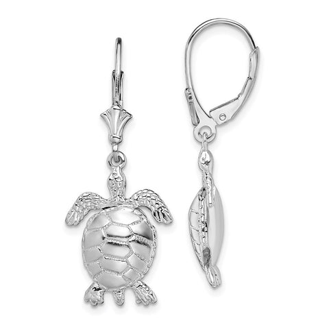 Sterling Silver Polished 3D Moveable Turtle Leverback Earrings-WBC-QE15564