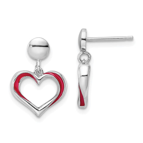 Sterling Silver Rhodium-plated Red Enamel Open Heart Dangle Earrings-WBC-QE15643