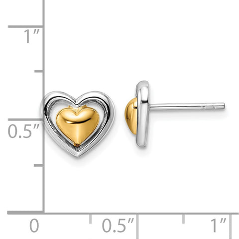 Sterling Silver RH-plated & Gold-plated Heart Post Earrings-WBC-QE15648