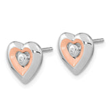 Sterling Silver RH-plated & Rose Gold-plated Diamond Heart Post Earrings-WBC-QE15649